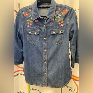 Route 66 Vintage Embroidered Denim Shirt with Floral Design M